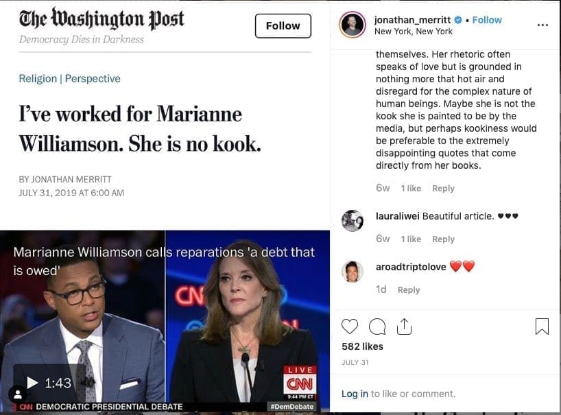 Jonathan Merritt, new age, sympathizer, mariane williamson,