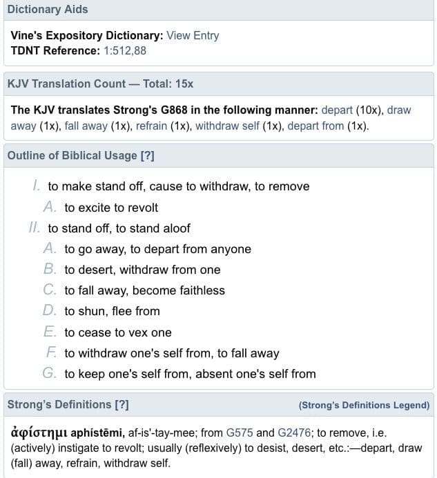 greek, falling away, departing, bible verses, strongs, g868,